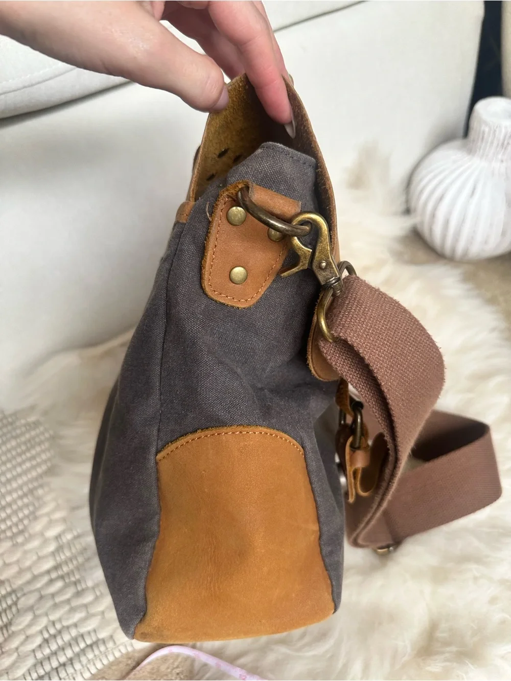 Vintage-Inspired Brown & Tan Canvas Messenger Bag with Leather Flap